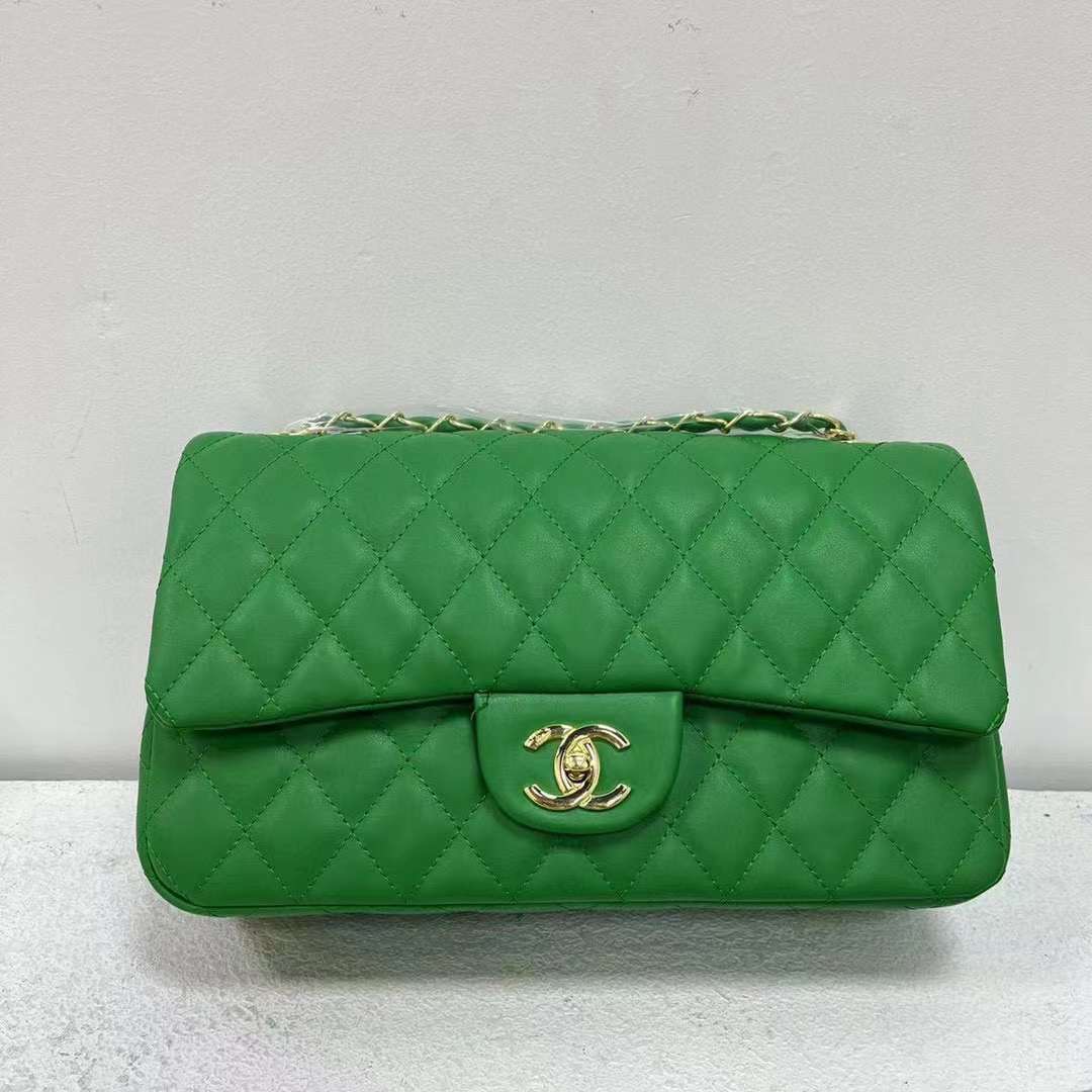 Classic Quilted Leather Chain Shoulder Bag is a premium luxury piece featuring signature diamond quilting, polished gold-tone hardware with an interlocking CC-style turn-lock, a versatile interwoven leather and chain strap, a multi-compartment interior lined with soft contrasting leather, and is available in vibrant Green, pristine White, classic Black, warm Beige, and soft Pastel Blue.