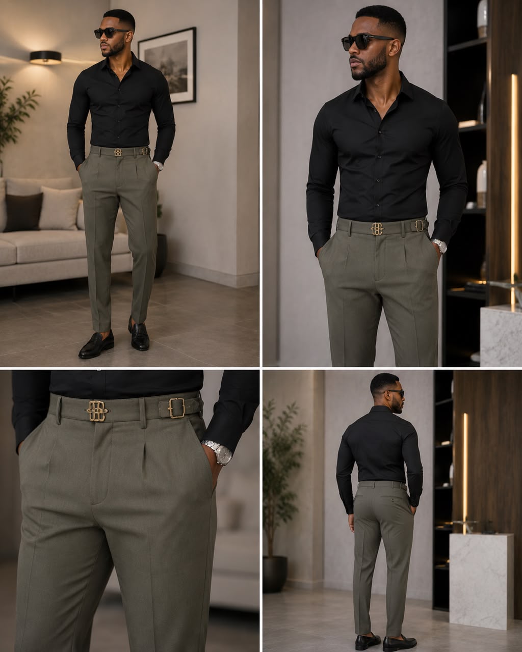 Manière De Voir High-waisted tailored trousers featuring front pleats, side slip pockets, and a matching fabric belt with a signature silver Eiffel buckle.