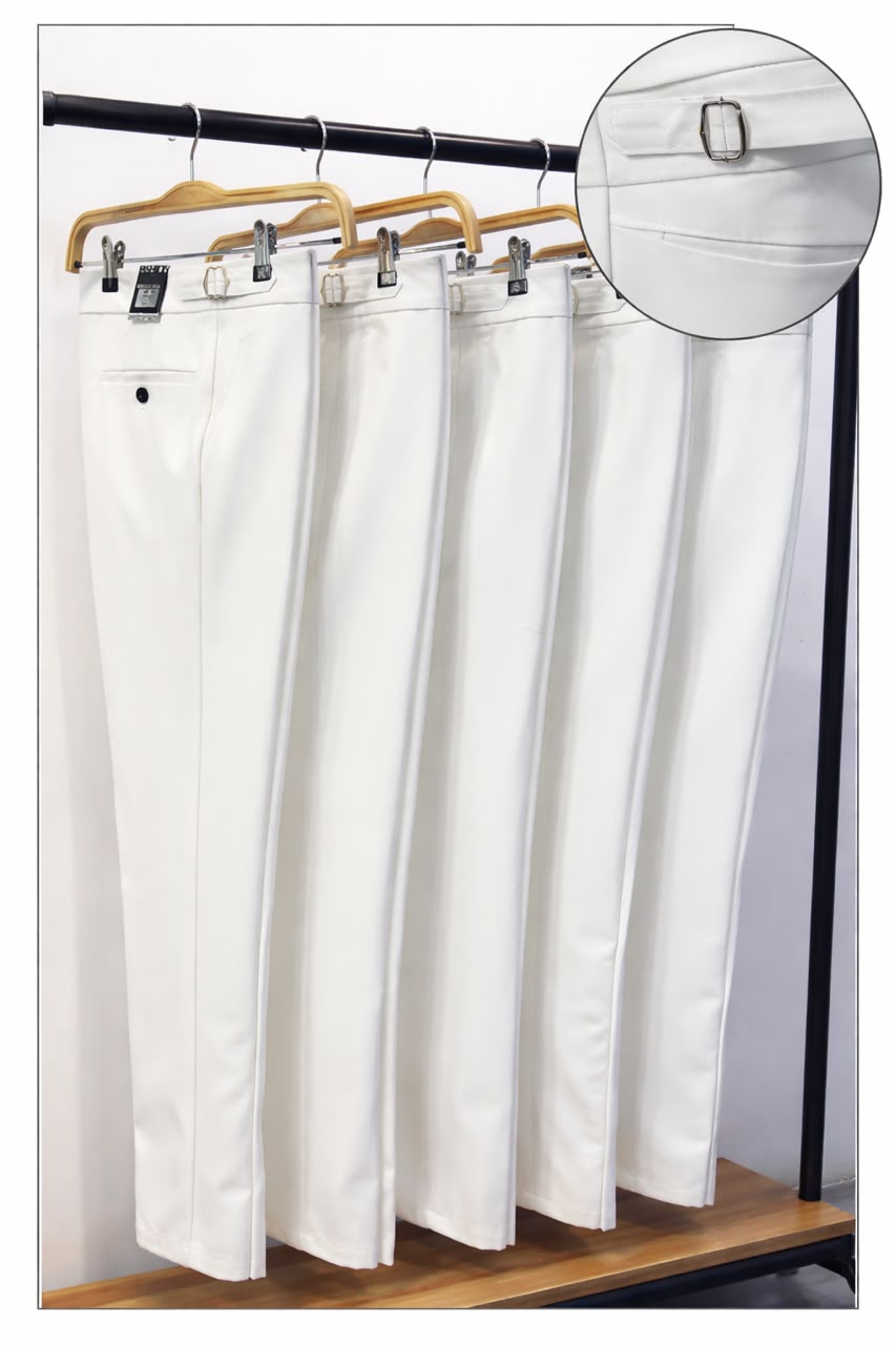 W Collection Men's Side-Adjuster Tailored Trousers are smart, beltless dress pants featuring built-in side waist adjusters with silver metal buckles. Designed with a clean waistband, front creases, and rear welt pockets, they offer a refined, contemporary fit available in navy, grey, white, khaki, and black.