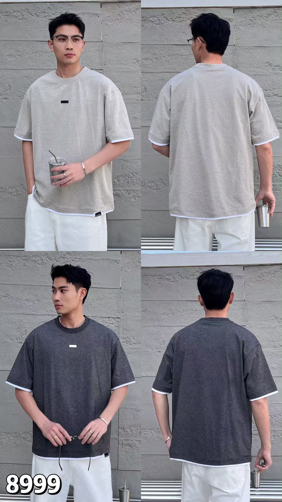 Men's Layered-Trim Oversized T-Shirt features a relaxed drop-shoulder fit, subtle center-chest patch detail, and contrast white trim along the sleeves and hem, shown in light grey and dark charcoal grey.