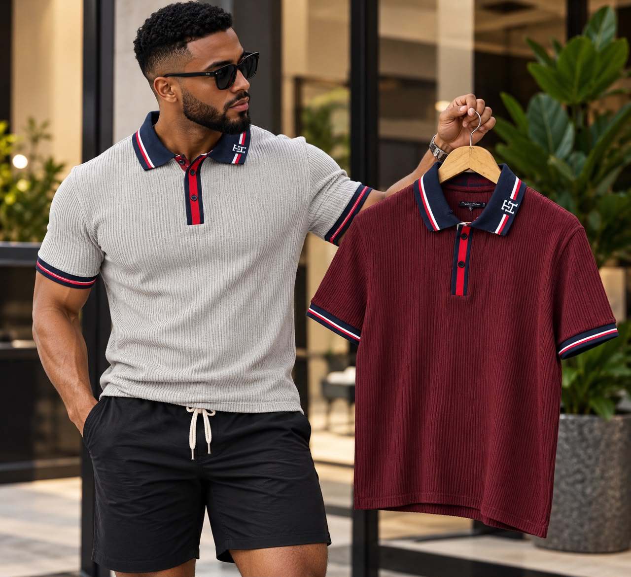Stylish men's knitted polo shirt featuring a textured design, striped collar and button front. Comfortable and versatile, perfect for casual outings, office wear and smart occasions. Available in different colours, subject to availability.